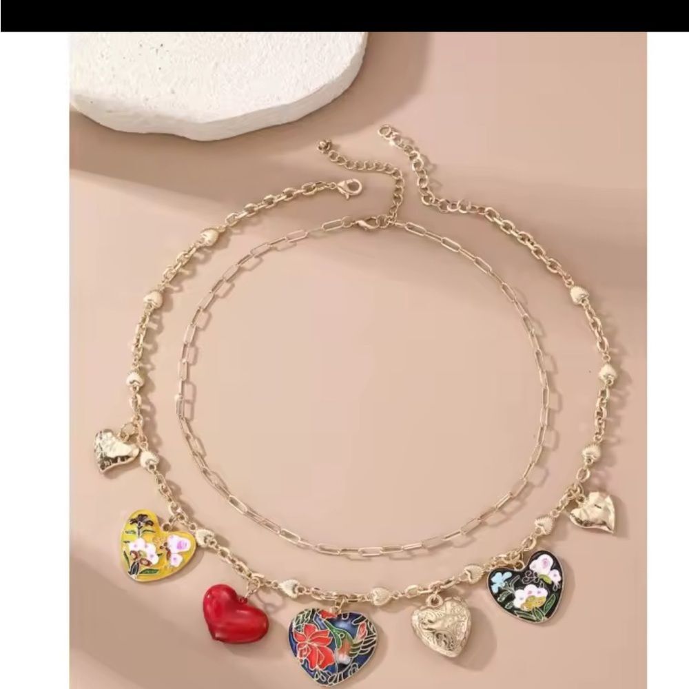 Gold Heart Charm Boho 2 piece Retro Pendant Necklace